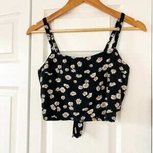 Hollister Daisy Floral Tie Front Crop Top Black White Sleeveless XS EUC